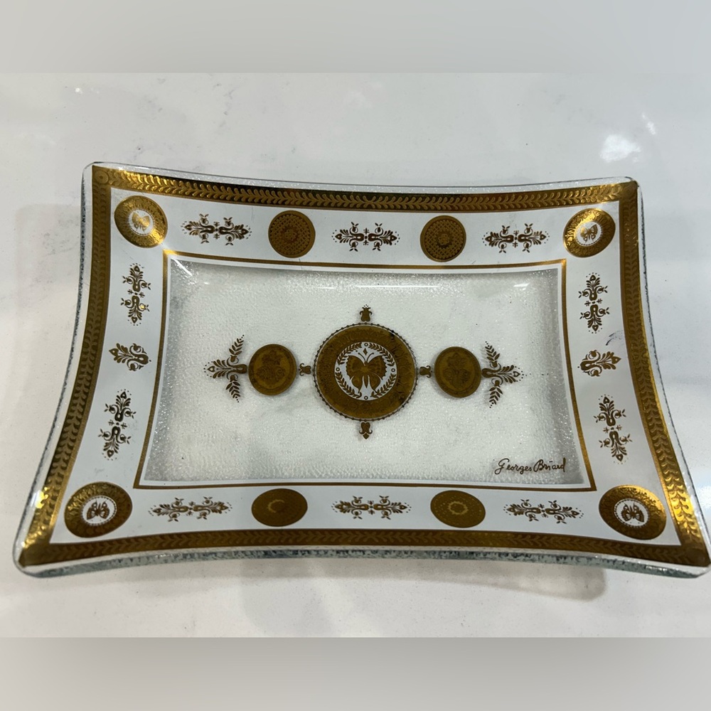 Georges Briard Gold and White Glass Tray